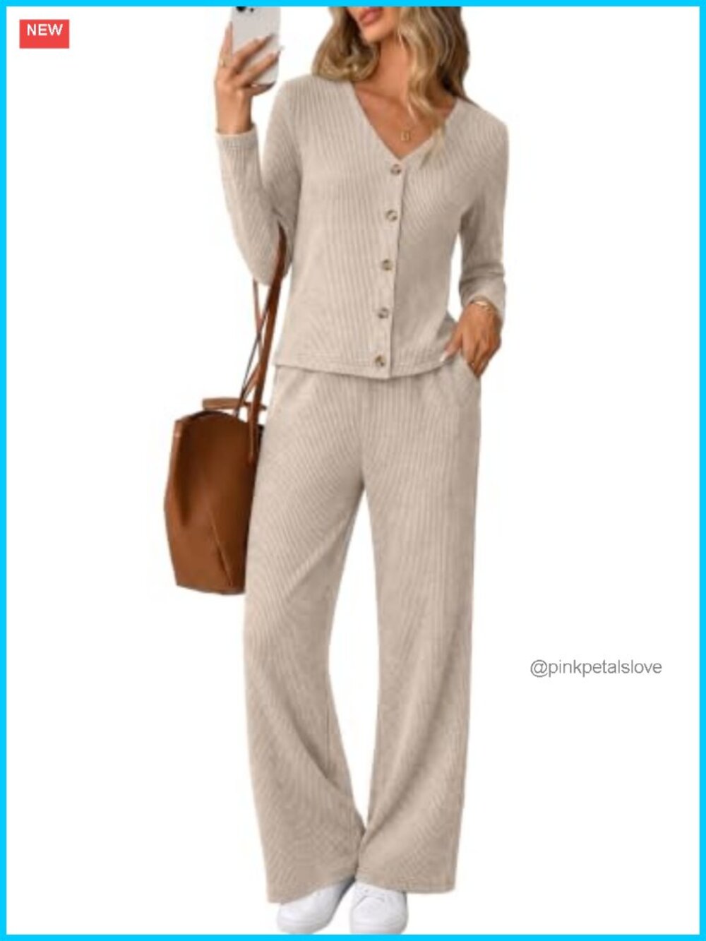 Women's 2 Piece Button Front Ribbed Knit Loungewear Set with Flare Pants